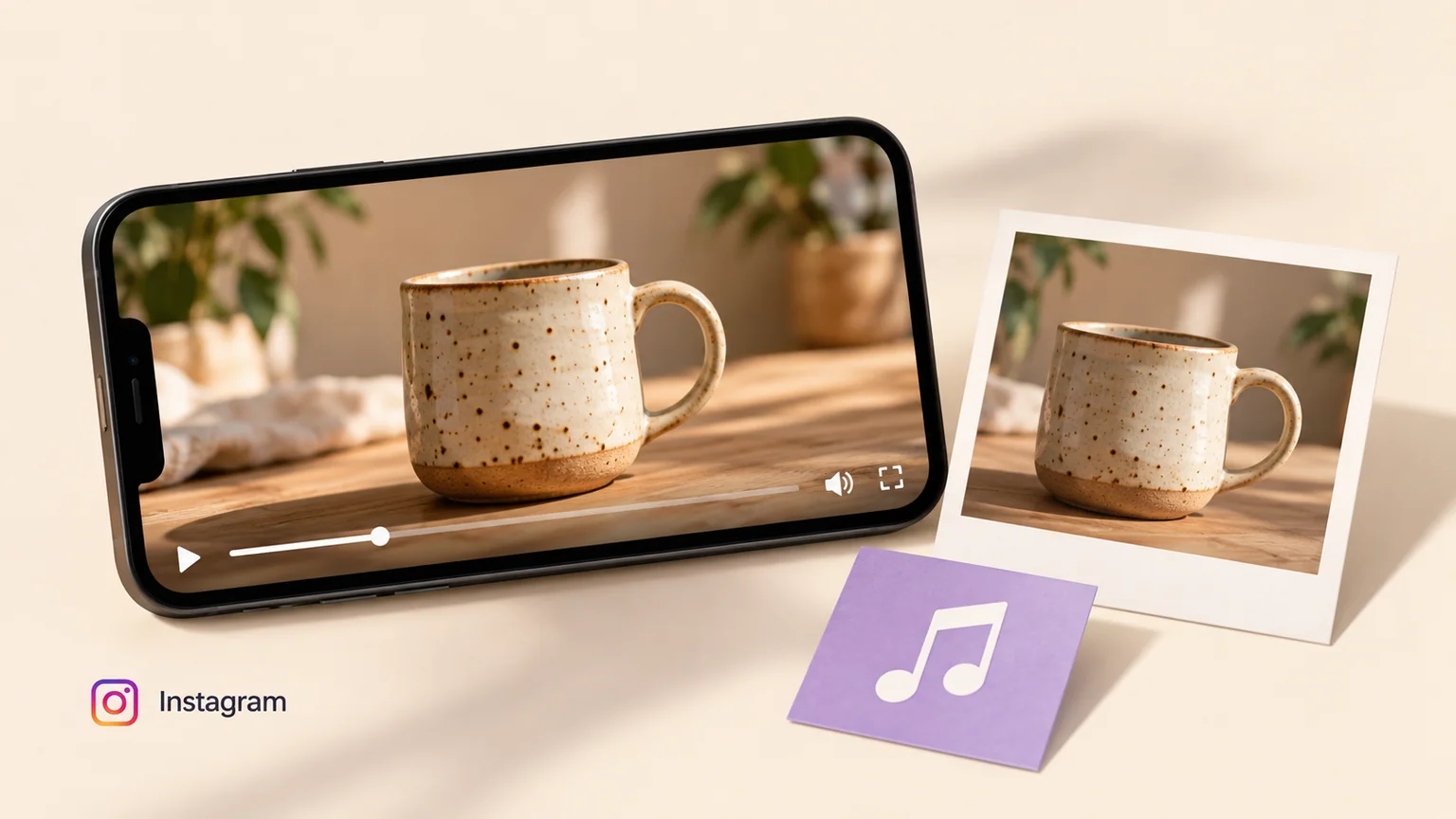 Celular com vídeo de caneca ao lado de uma cópia do quadro e cartão separado com nota musical.