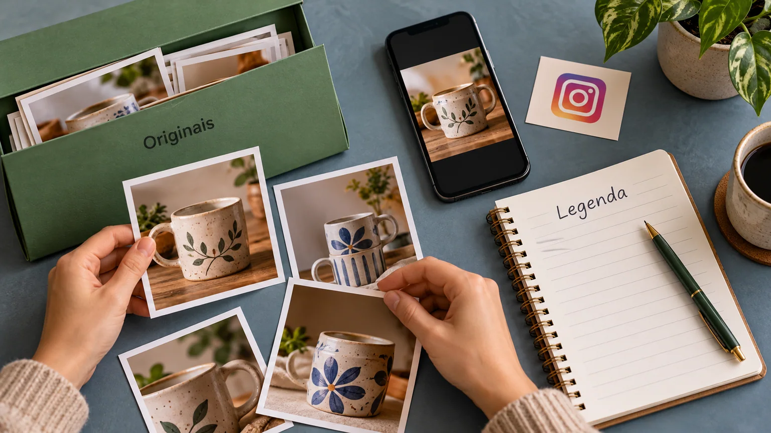 Mãos organizam fotos de canecas, pasta Originais, celular e caderno com a palavra Legenda.