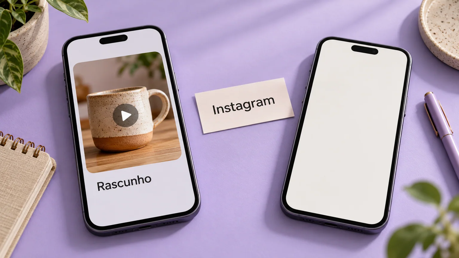Dois celulares sobre mesa lavanda: um mostra vídeo ilustrativo de caneca com a palavra Rascunho e o outro está vazio.