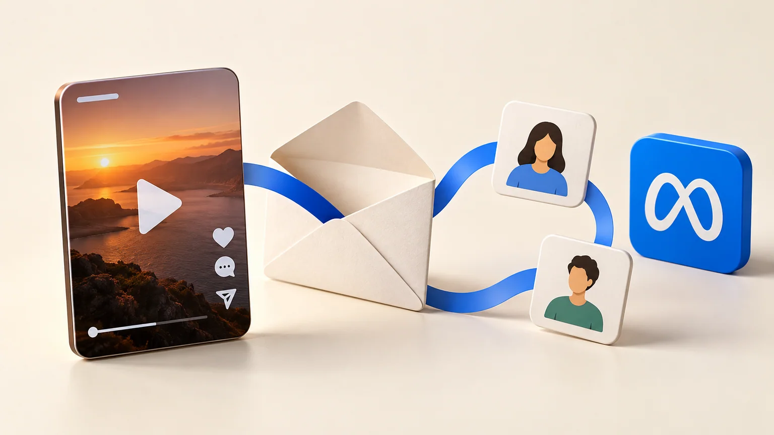 Vídeo ilustrativo ligado por fita azul a um envelope e dois cartões de pessoas ao lado da marca Meta.