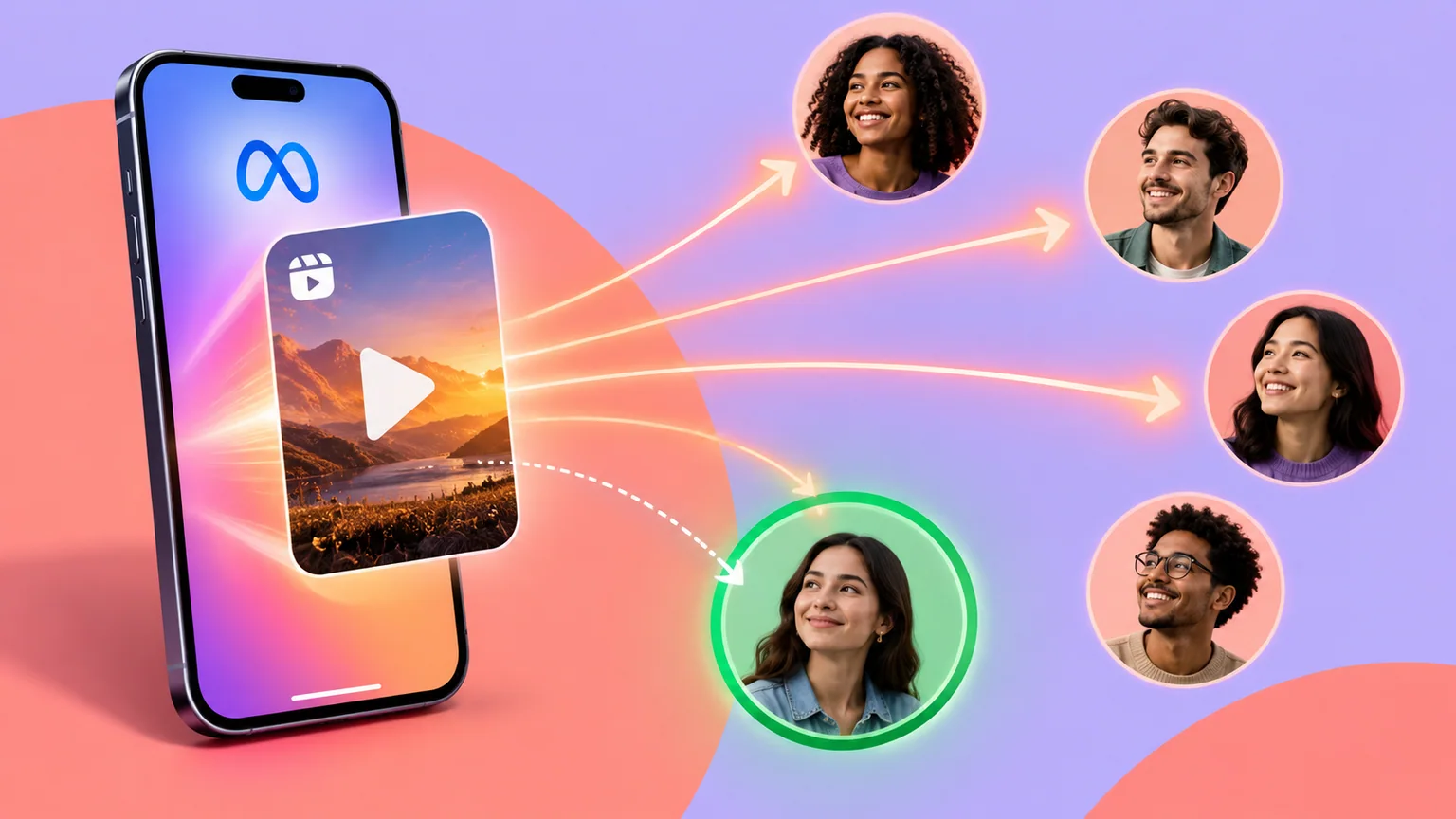 Celular com marca Meta e cartão de vídeo ligado por setas a pessoas, uma delas com contorno verde.