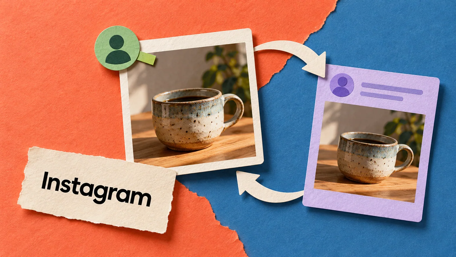 Colagem com a mesma xícara em dois cartões de perfil, setas de repost e identificação do autor original.