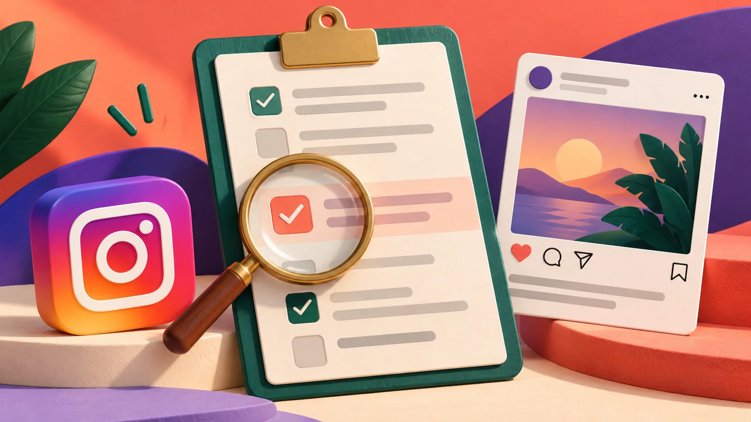 Lupa sobre um item destacado de uma lista, entre símbolo do Instagram e cartão de publicação ilustrado.