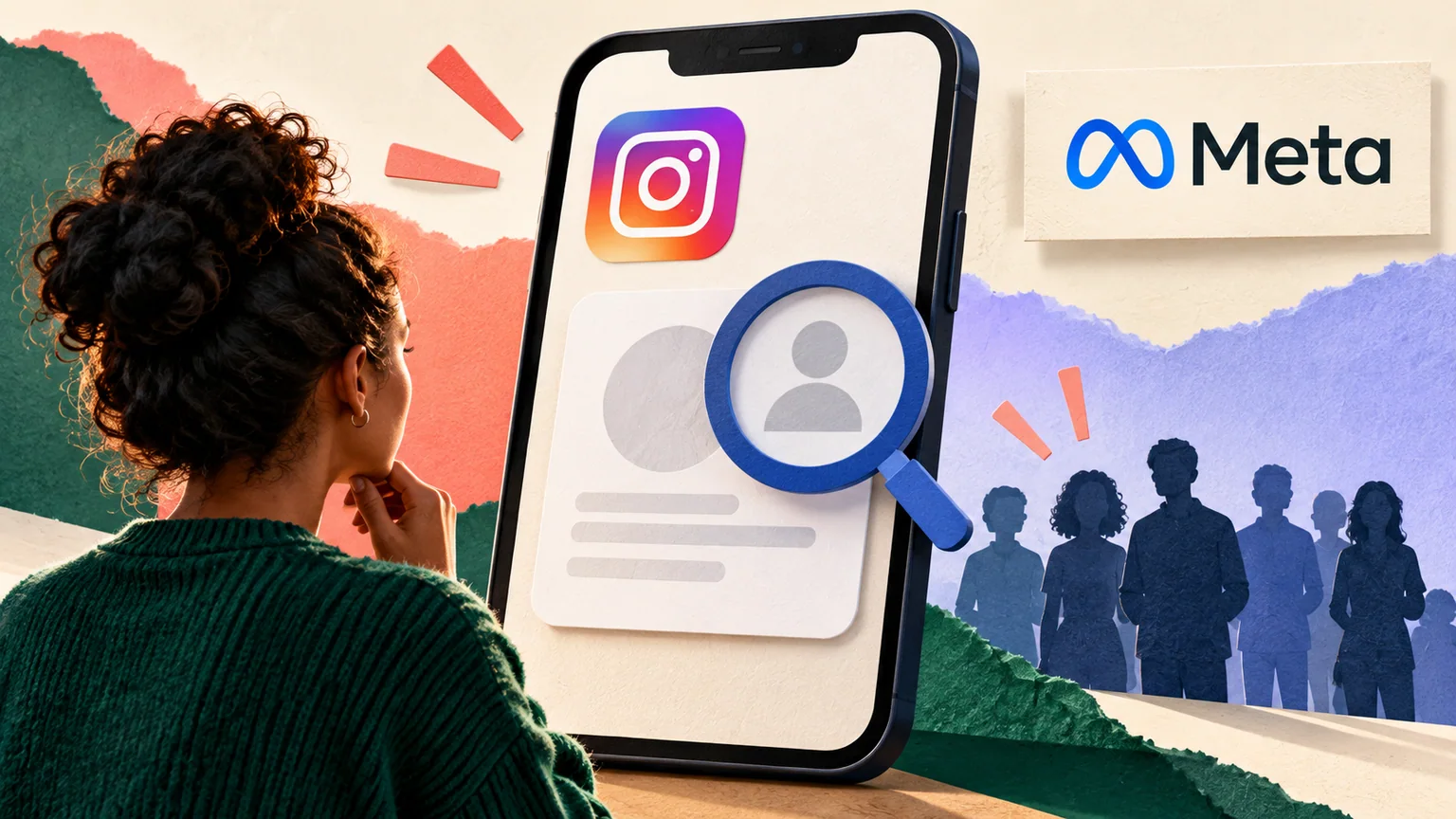 Pessoa observa um perfil ilustrado em telefone ampliado, com lupa, símbolos Instagram e Meta e silhuetas de público.