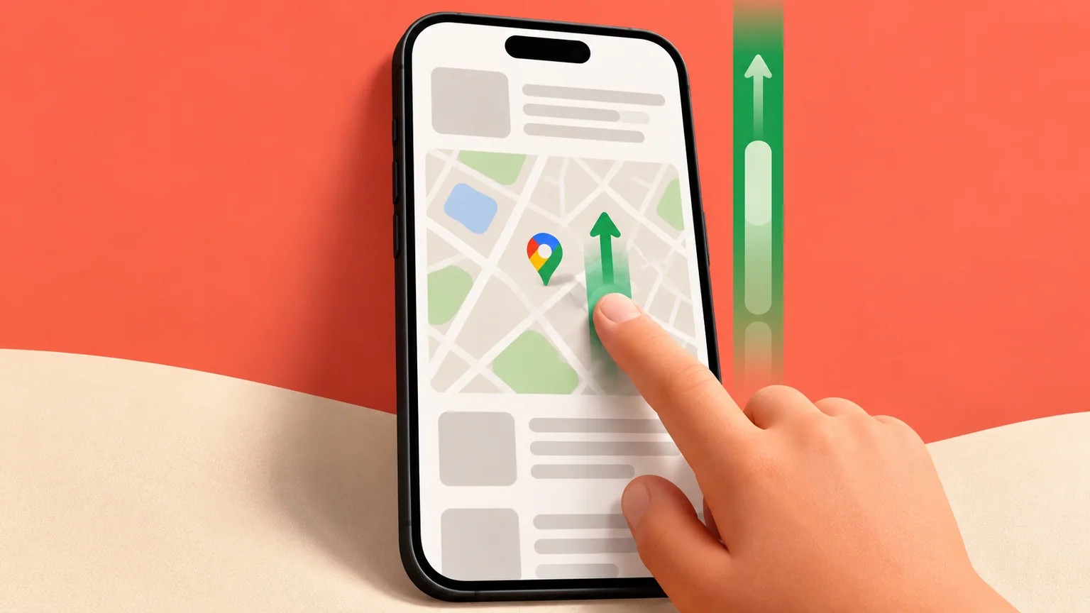 Celular com mapa ilustrativo no meio da página, dedo e setas indicando movimento vertical.