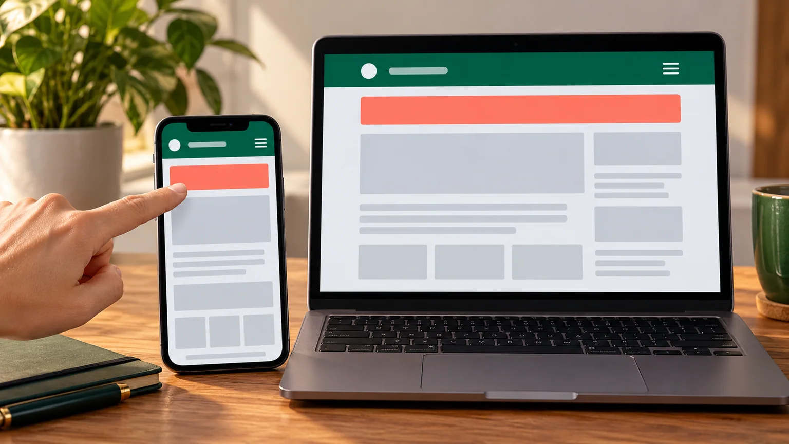 Mão aponta uma seção no celular abaixo do cabeçalho verde, ao lado de esboço da página em caderno.