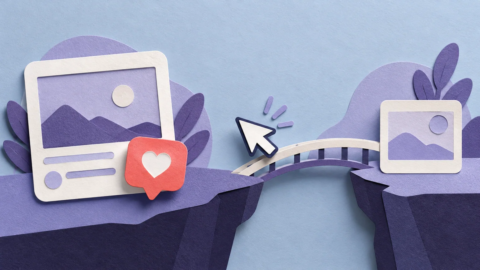 Um post ilustrado com balão de coração fica de um lado de uma ponte, enquanto um cursor aponta o caminho para outro cartão.