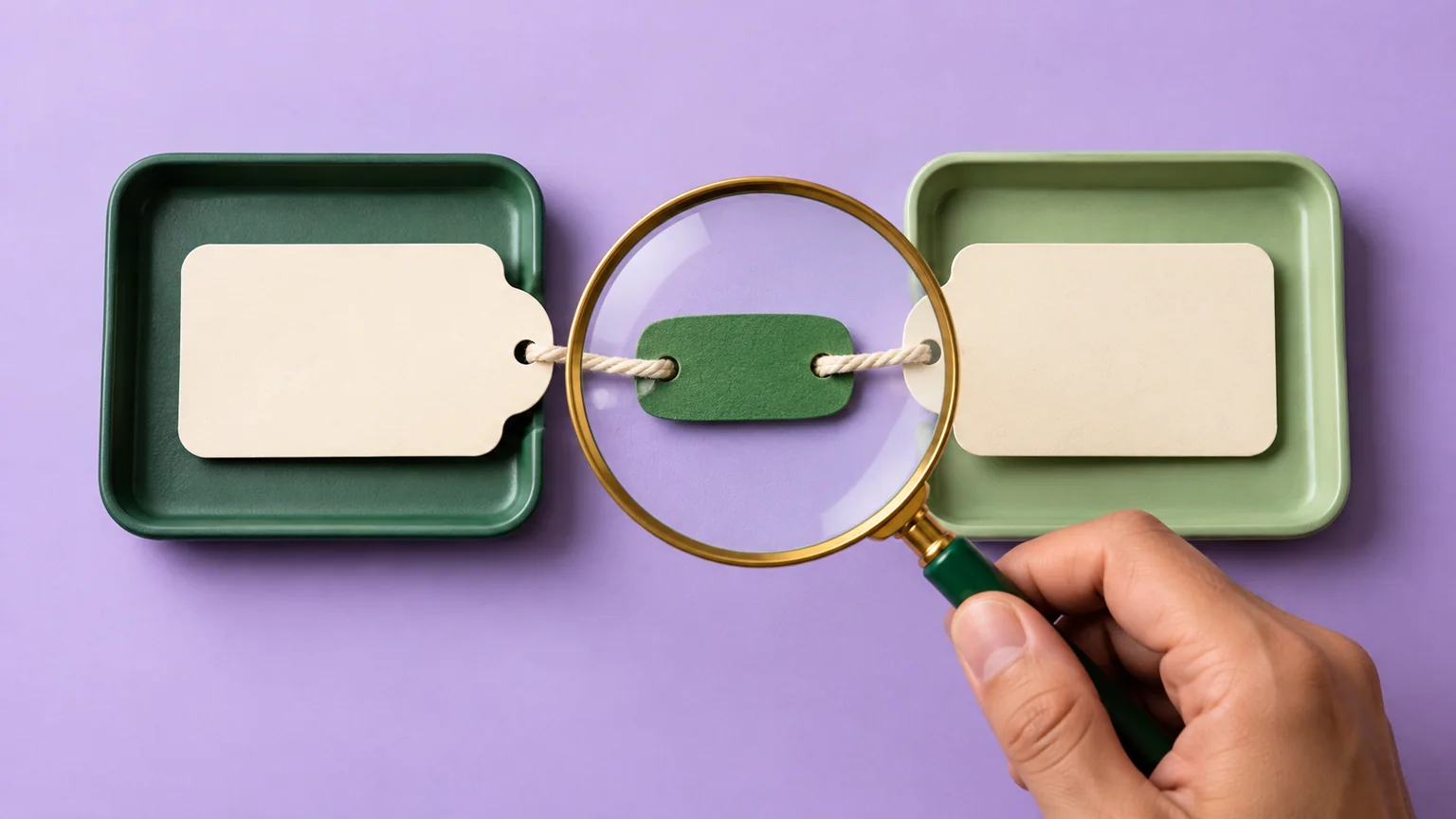 Uma mão segura uma lupa sobre a etiqueta verde que conecta, por um cordão, dois cartões em bandejas separadas.