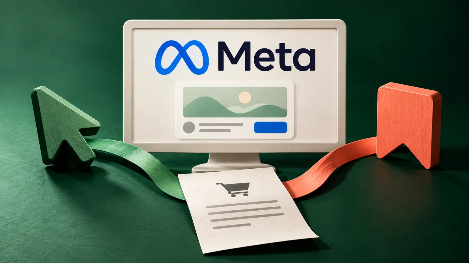 Monitor com a marca Meta e um anúncio ilustrado, entre um cursor verde e um marcador coral ligados a uma ficha de compra.