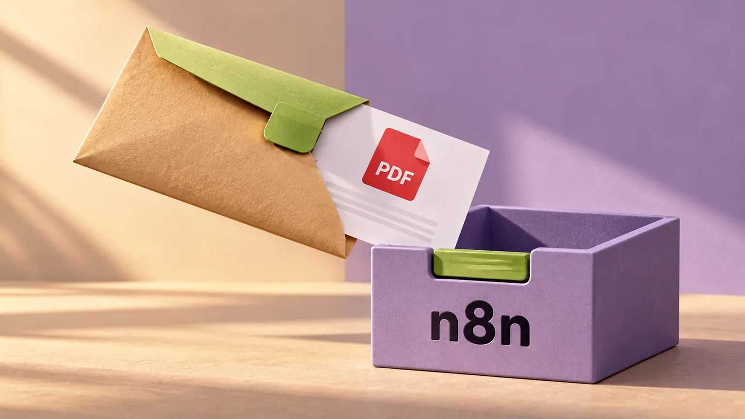 Envelope com um documento PDF direcionado a uma caixa do n8n com abas verdes correspondentes.