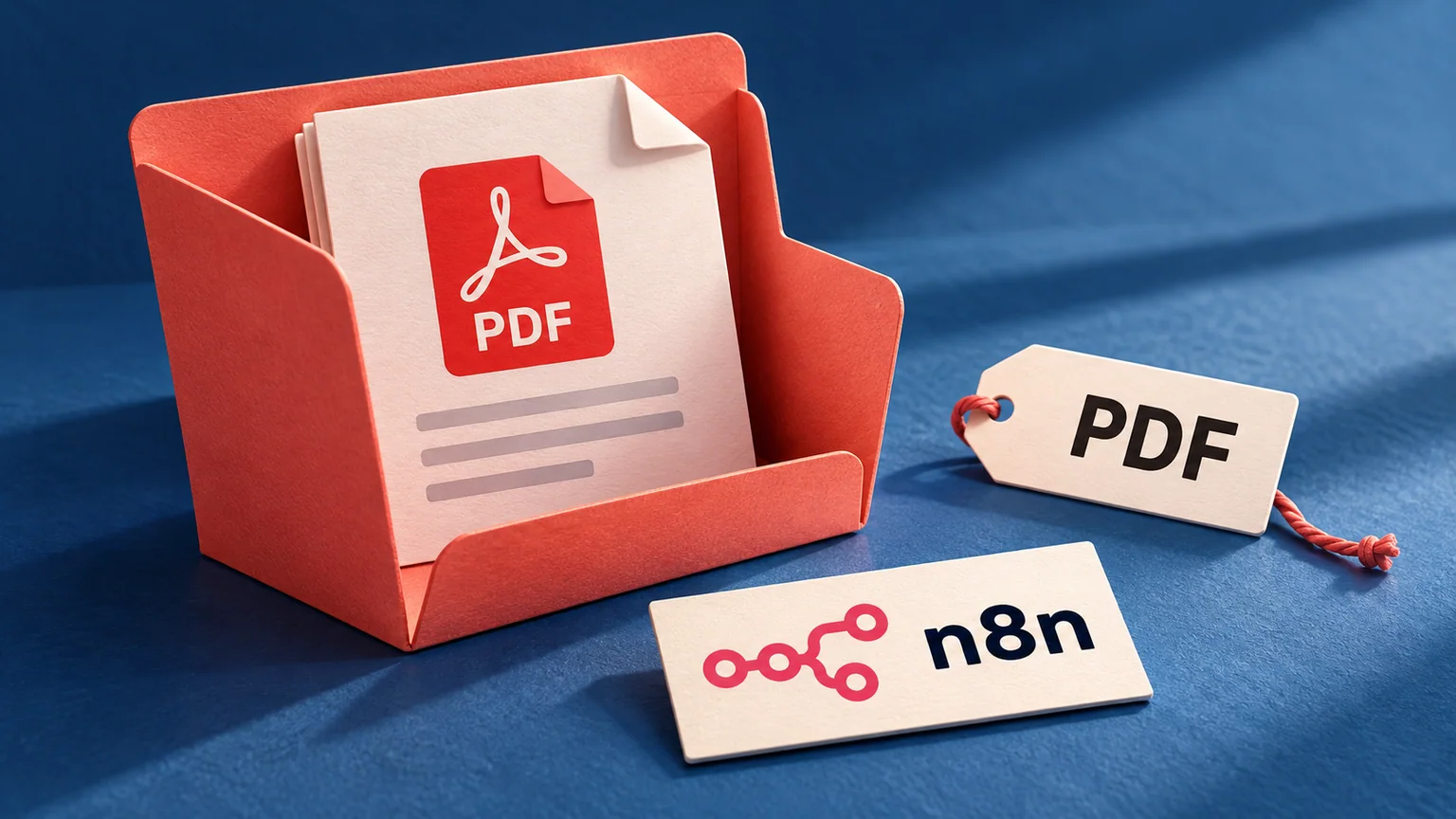 Pasta com documento PDF, etiqueta separada com o nome do formato e cartão do n8n.