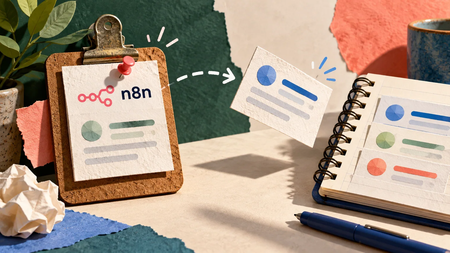 Ficha do n8n presa em prancheta por alfinete vermelho ao lado de um cartão solto e de um caderno com registros.