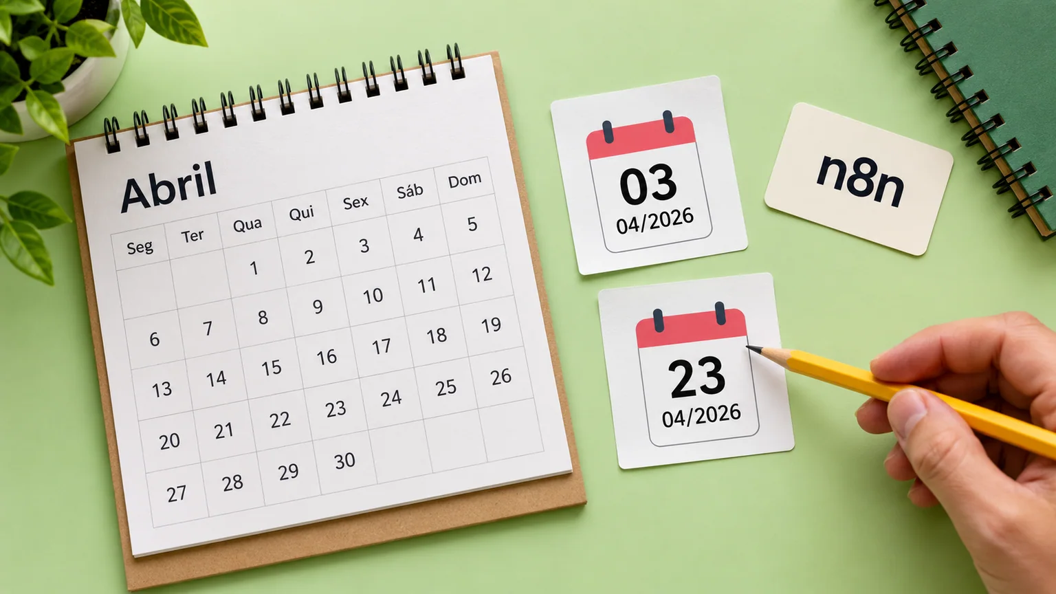 Mão aponta ficha de 23/04/2026 ao lado de outra de 03/04/2026 e calendário de Abril.