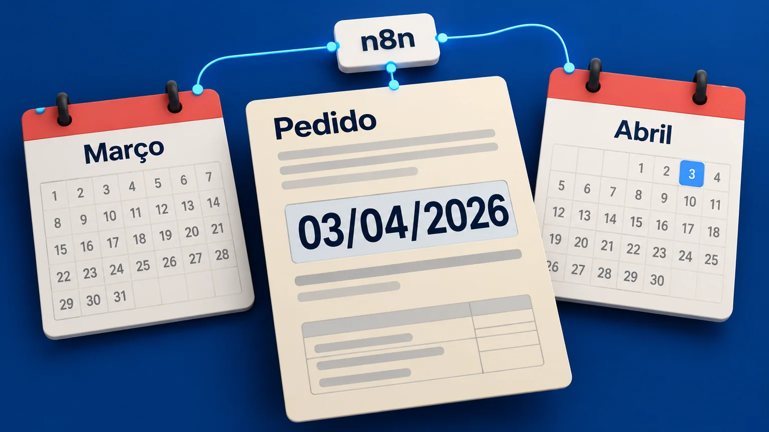 Ficha de pedido com 03/04/2026 aparece entre calendários simbólicos de Março e Abril, com identificação n8n.