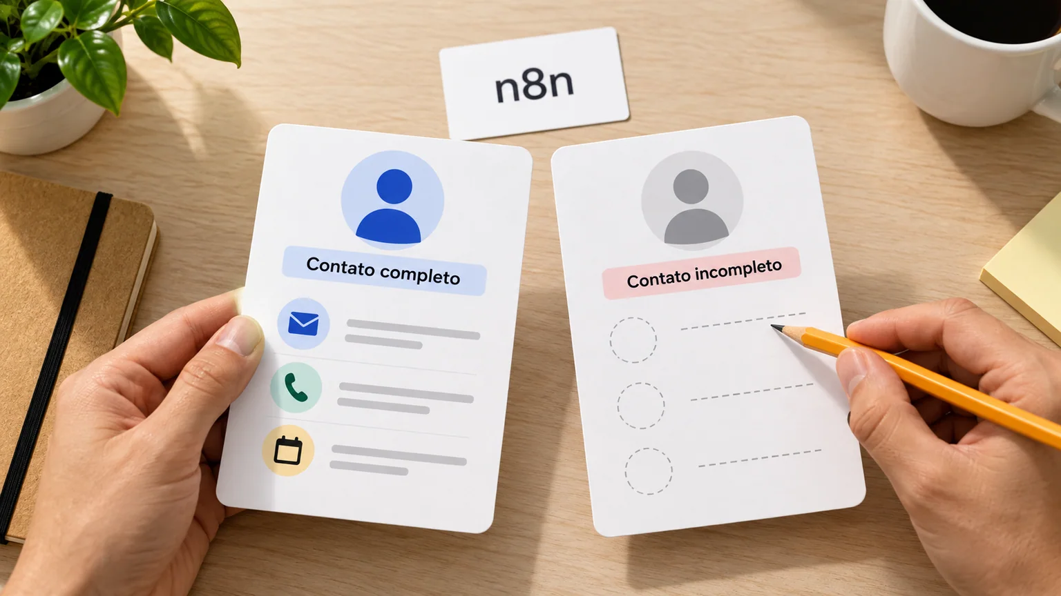 Mãos comparam fichas fictícias de contato completo e incompleto; um lápis aponta campos vazios.