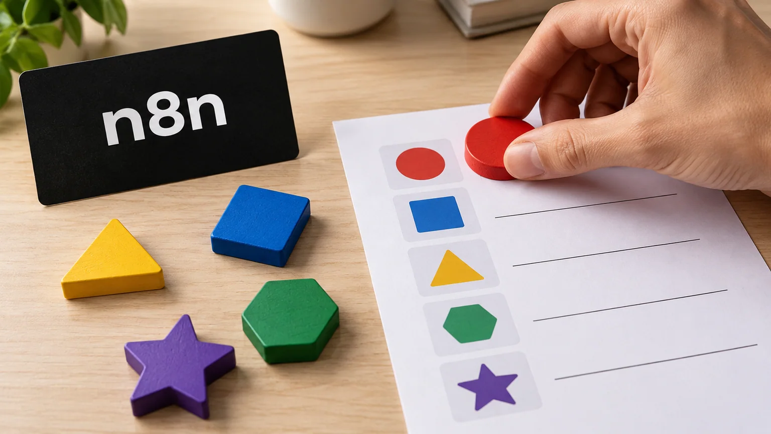 Mão associa uma peça circular a uma lista de formas coloridas ao lado do nome n8n.