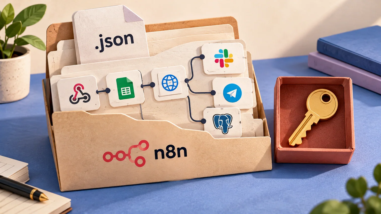 Pasta n8n com arquivo .json e cartões ilustrados de conexões, ao lado de uma chave guardada separadamente.