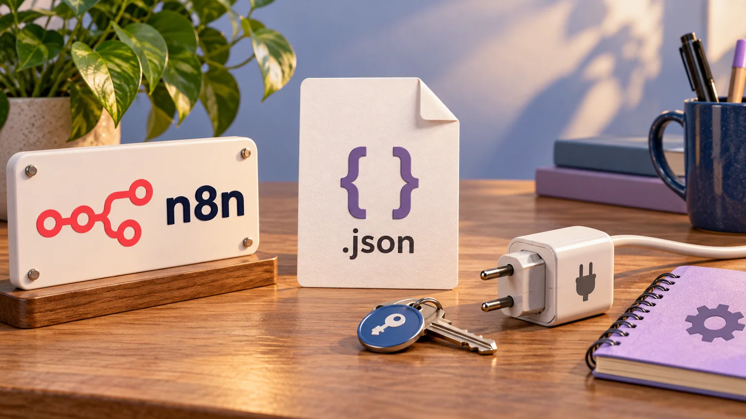Placa n8n com arquivo .json, chave, adaptador desconectado e caderno de configuração.