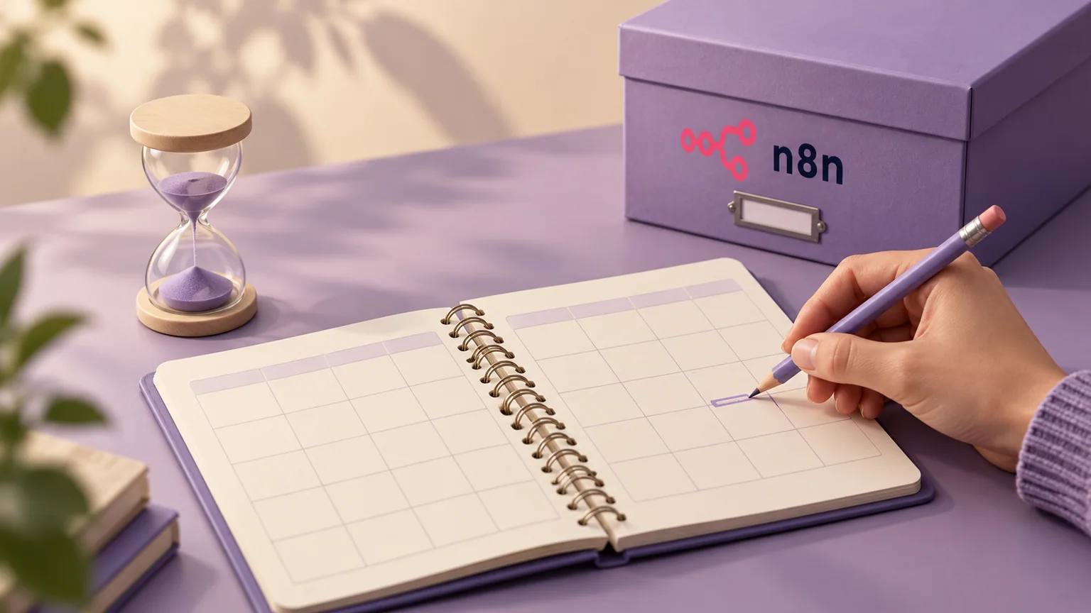 Mão marca um calendário sem datas ao lado de ampulheta e caixa de arquivo com marca n8n.