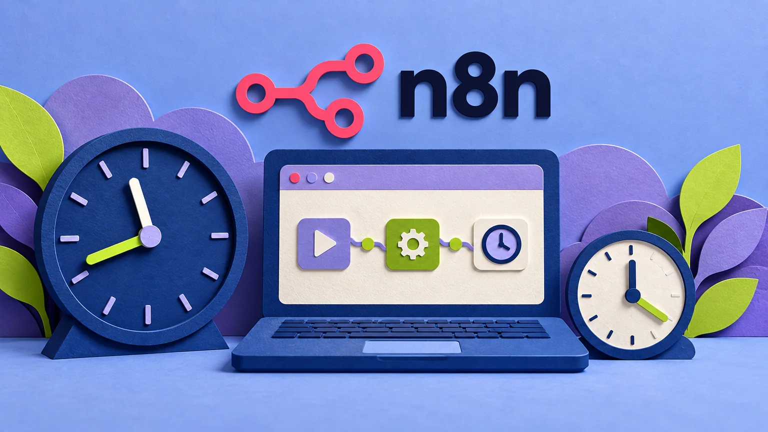 Marca n8n acima de um notebook com etapas de automação ilustradas, entre dois relógios com horários diferentes.