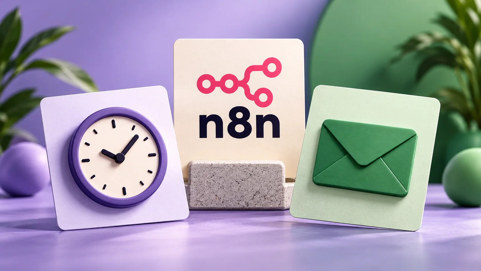 Cartões com relógio e envelope verde ao lado de cartão n8n com símbolo coral e uma ficha apoiada à frente.