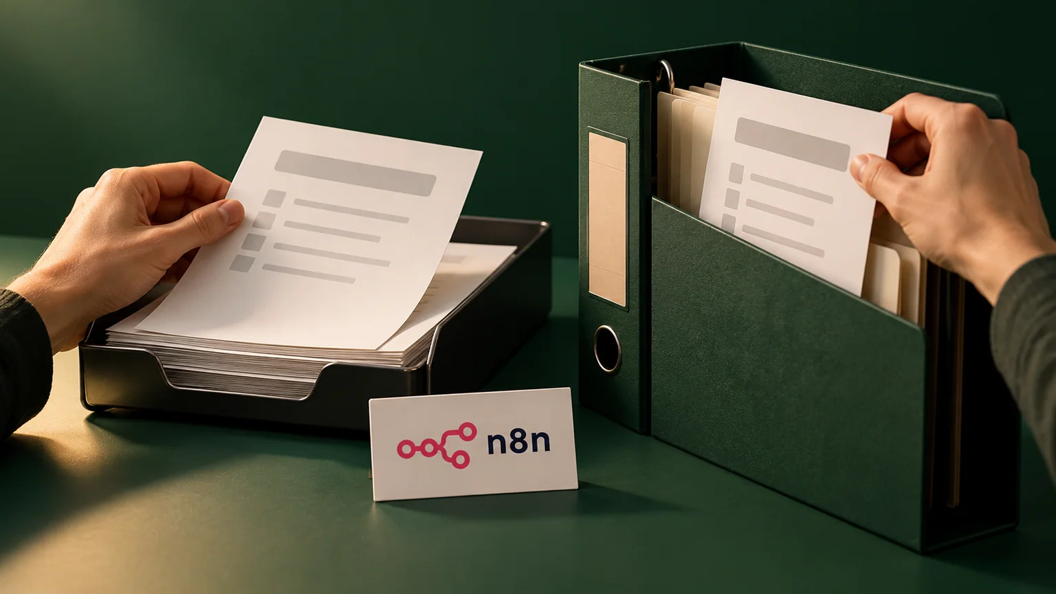 Mãos conferem ficha de pedido e registro em pasta de destino ao lado de cartão com marca n8n.