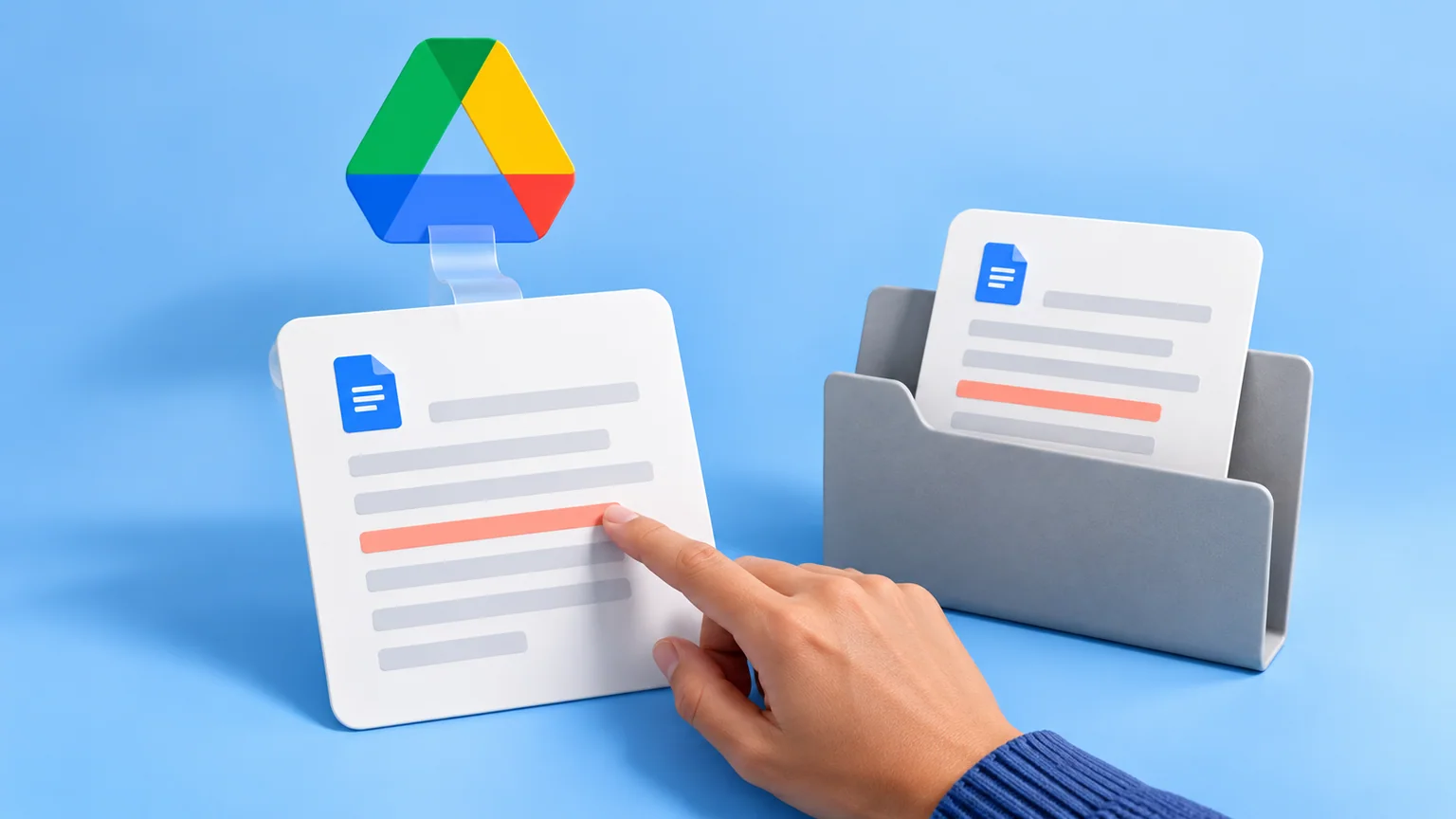 Mão aponta trecho coral em ficha ligada ao Google Drive, ao lado de outra ficha guardada numa pasta cinza.
