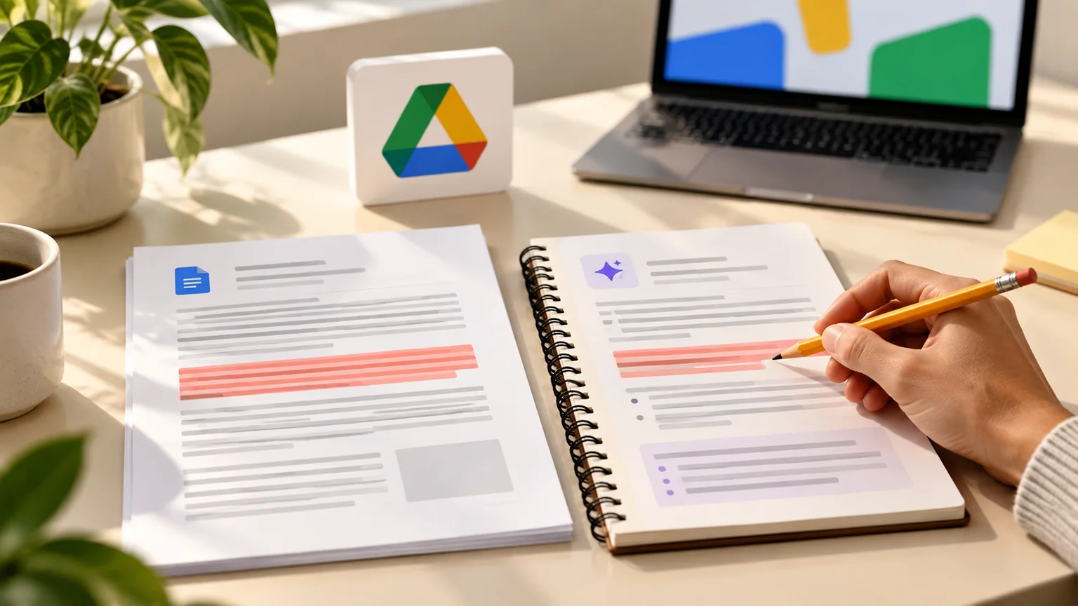Mão com lápis compara trechos destacados numa folha e num caderno com símbolo de IA, ao lado de cartão Google Drive.