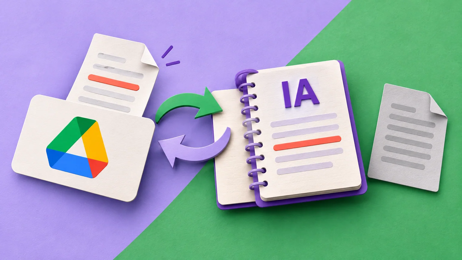 Documento e cartão Google Drive ligados por setas a caderno IA com trecho coral, enquanto uma folha cinza permanece separada.