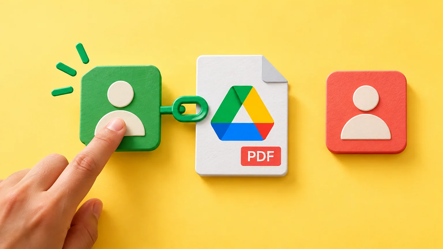 Dois cartões de pessoas, apenas um conectado ao documento do Drive por uma chave verde.