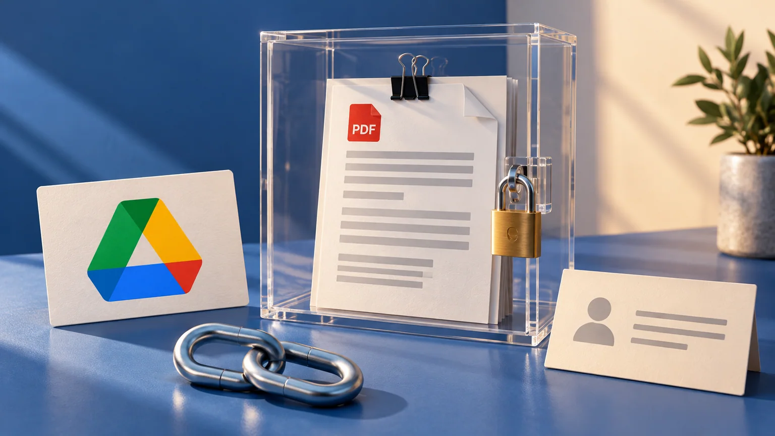 Proposta em PDF dentro de caixa transparente trancada, símbolo do Drive e cartão de destinatário do lado de fora.