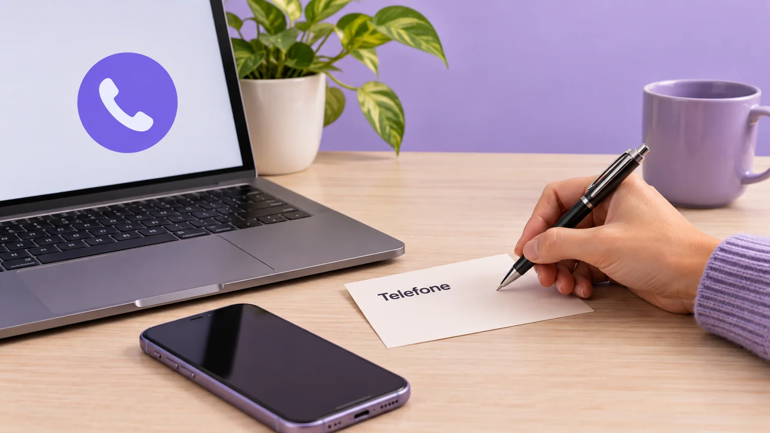 Mão prepara um cartão escrito Telefone ao lado de celular e computador.