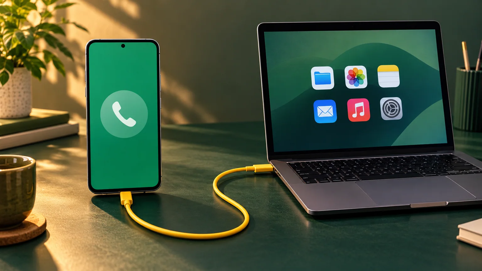 Celular com símbolo de telefone ao lado de computador com ícones de aplicativos, ligados por cabo amarelo.