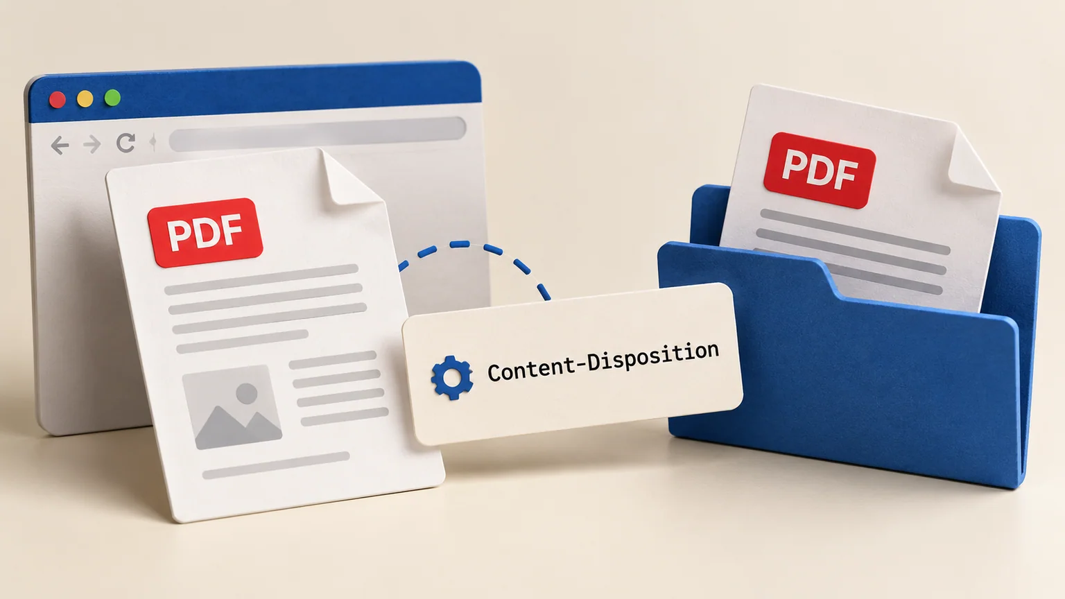 Documentos PDF ilustrativos em janela e pasta, ligados a um cartão técnico Content-Disposition.