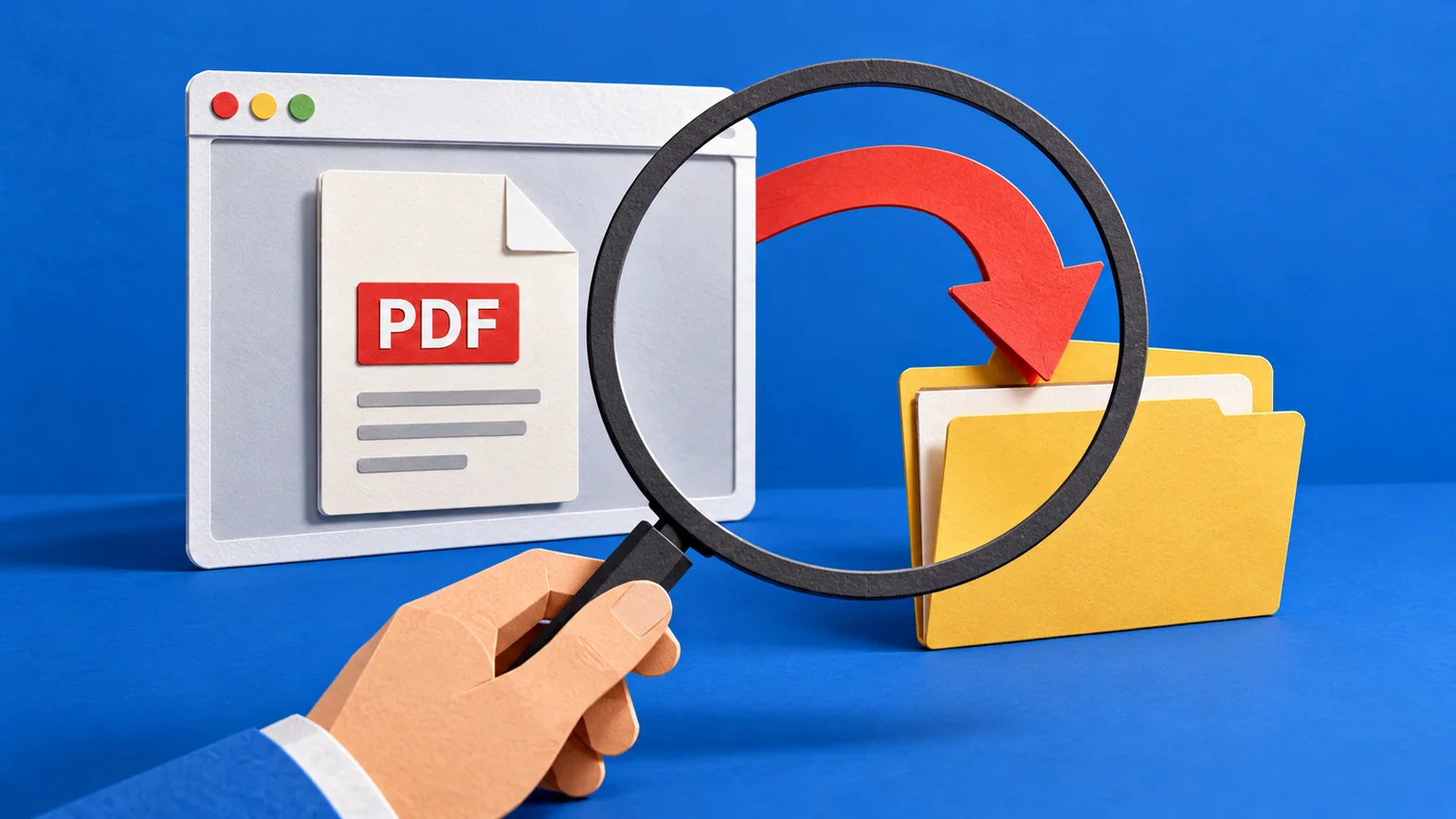 Janela de navegador feita de papel contém documento PDF, com lupa e seta apontando para uma pasta amarela.