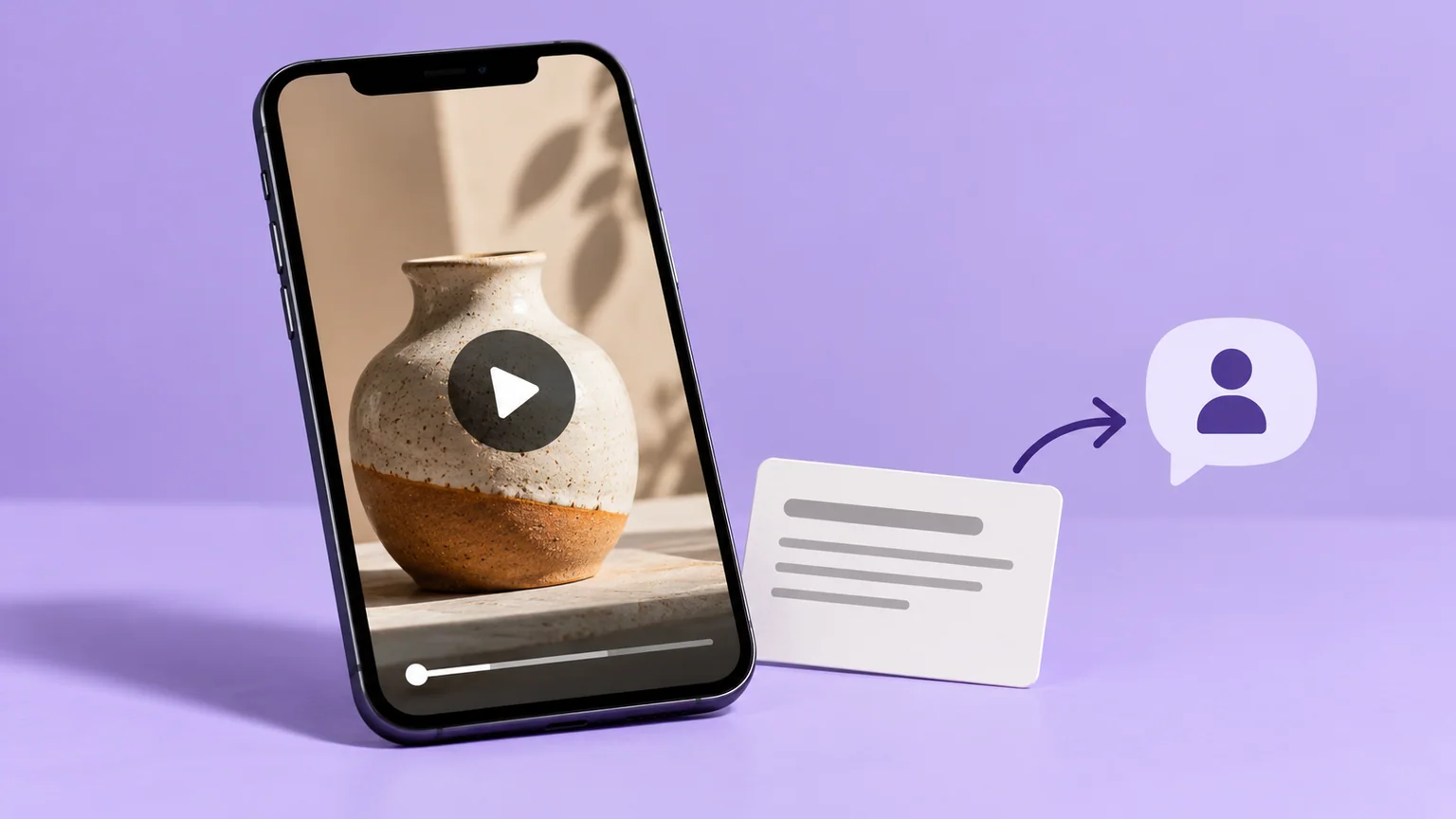 Celular com vídeo de um vaso e botão de play, ao lado de cartão de texto ligado a uma pessoa.