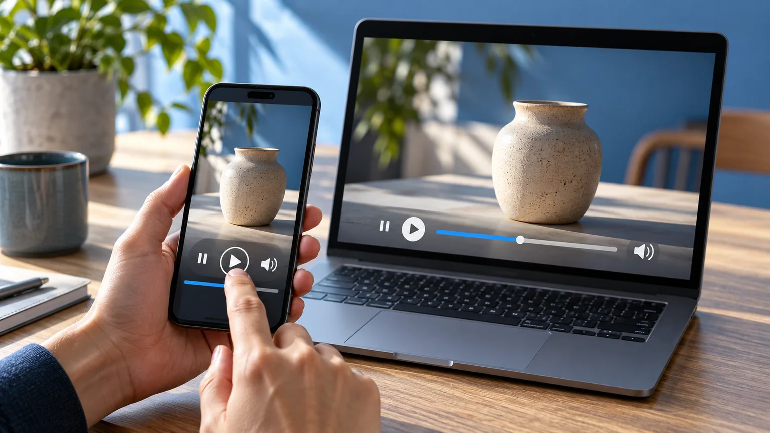 Mãos conferem vídeo de um vaso no celular e no computador, com controles de reprodução ilustrativos.
