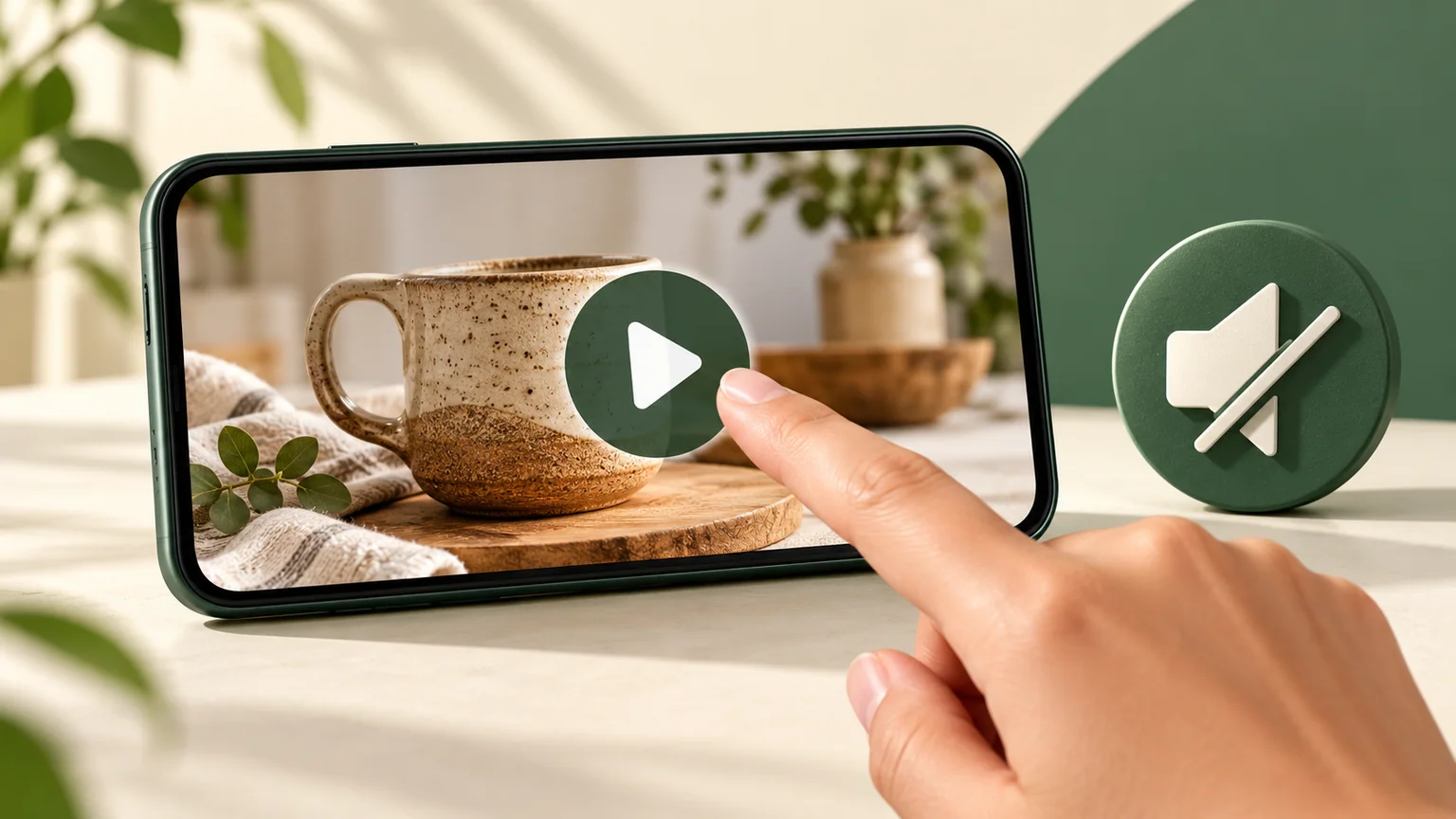 Celular horizontal com vídeo de uma caneca, botão de play e símbolo de som desligado, com mão próxima.