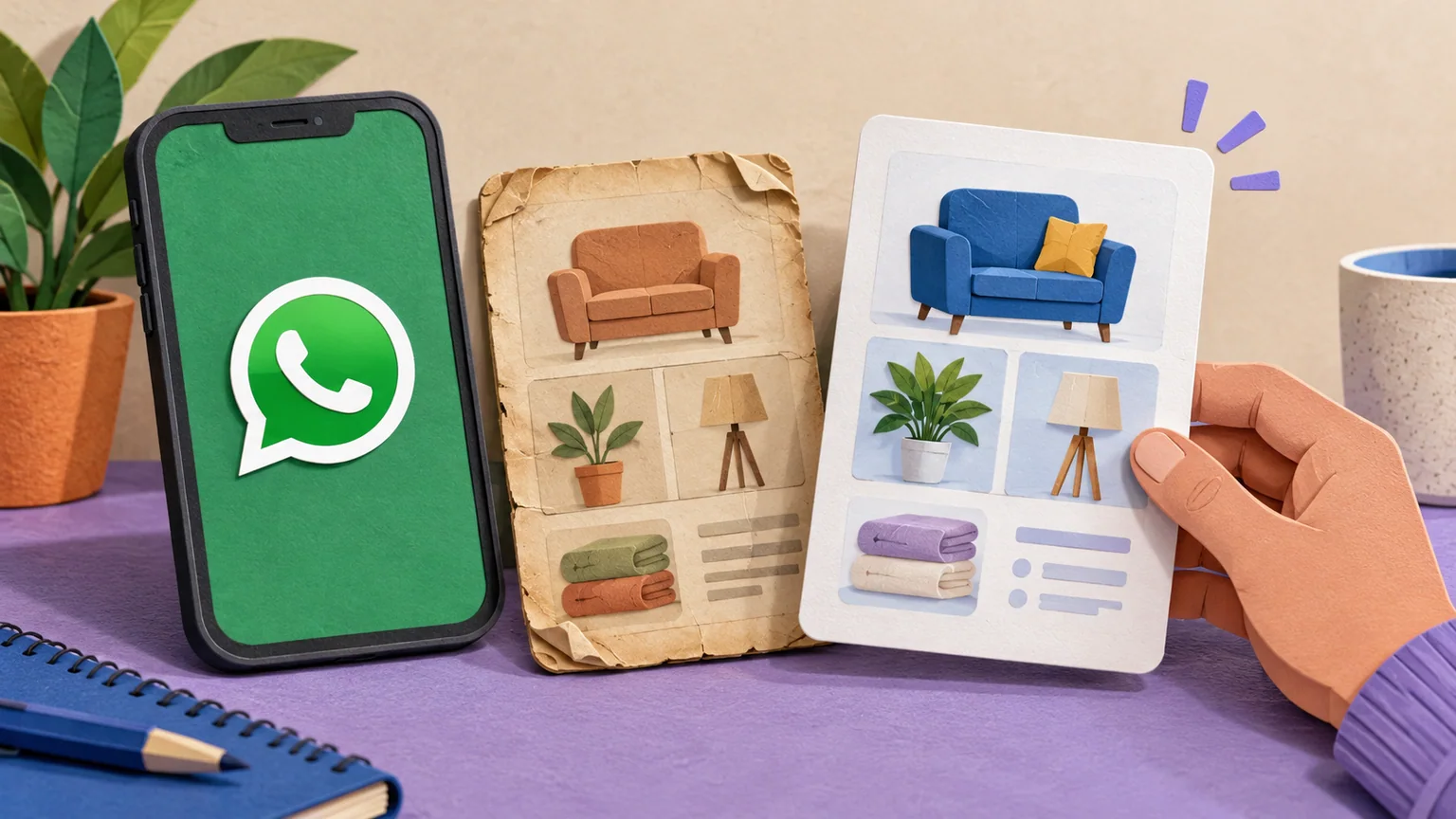 Telefone com símbolo WhatsApp e dois catálogos fictícios, um envelhecido e outro novo segurado por mão de papel.