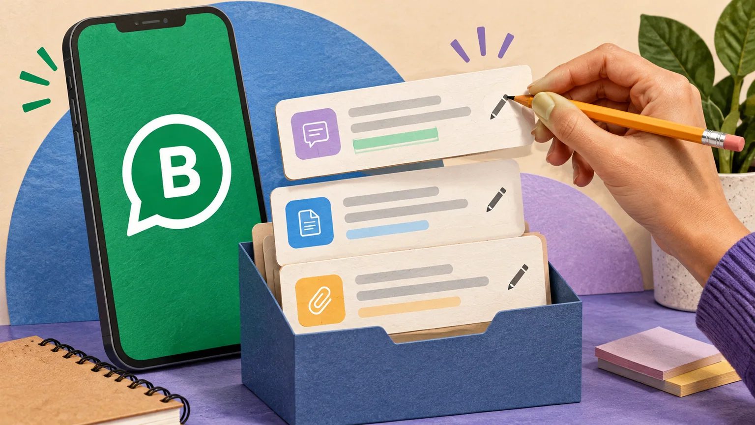 Telefone de papel com símbolo WhatsApp Business ao lado de fichas de respostas e mão revisando com lápis.